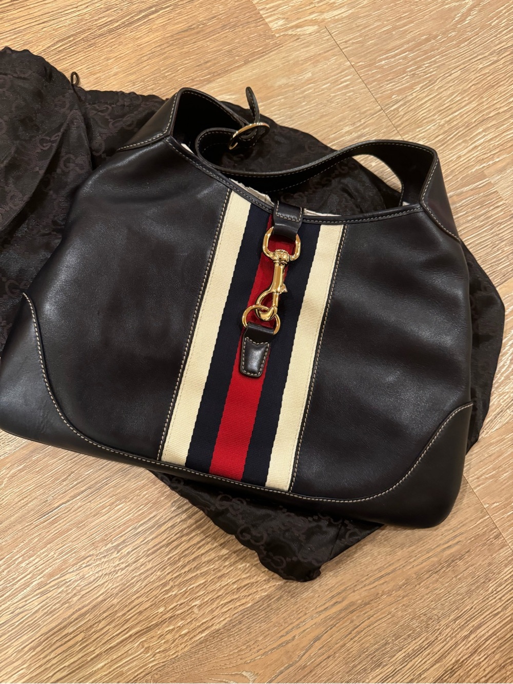 Gucci Navy Leather Hobo with Red & Navy Web Stripe